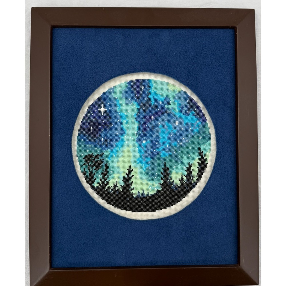 Framed Starry Night Galaxy Round Cross Stitch Wall Art 16x13
